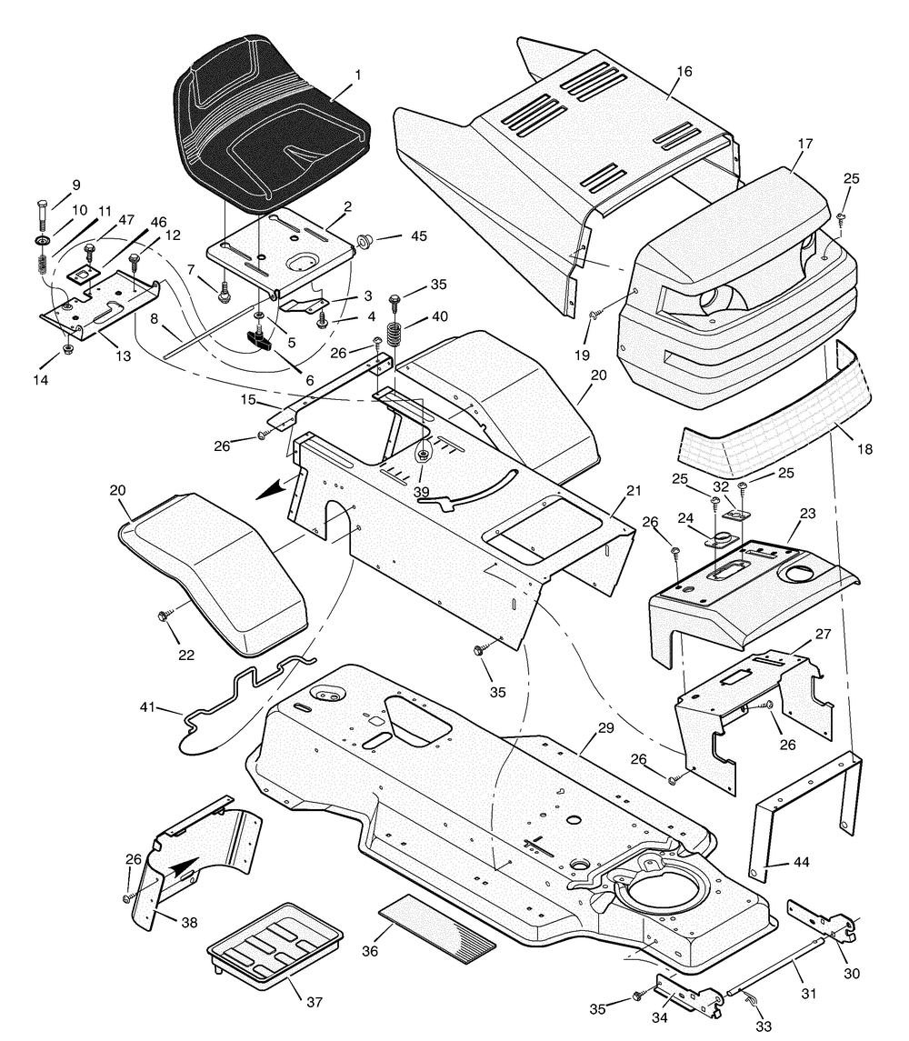 Chassis And Hood Diagram and Parts List for 387002X92A 2004 Briggs and Stratton Lawn Tractor